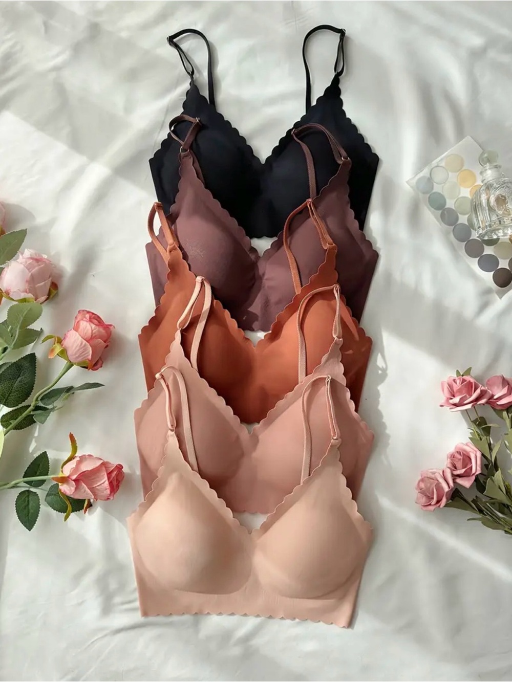 Seamless Scalloped Edge Wireless Bralettes - Nude/Pink tone, Brown, Black